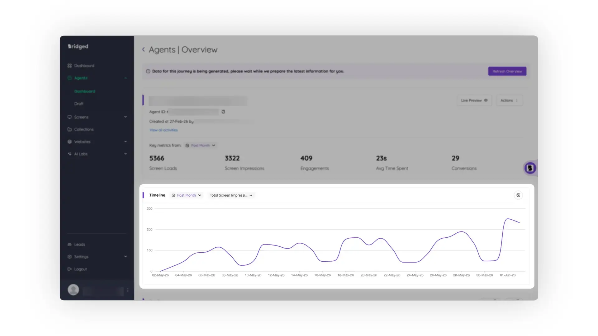 Bridged Agents Overview page showing agent performance metrics and timeline graph.