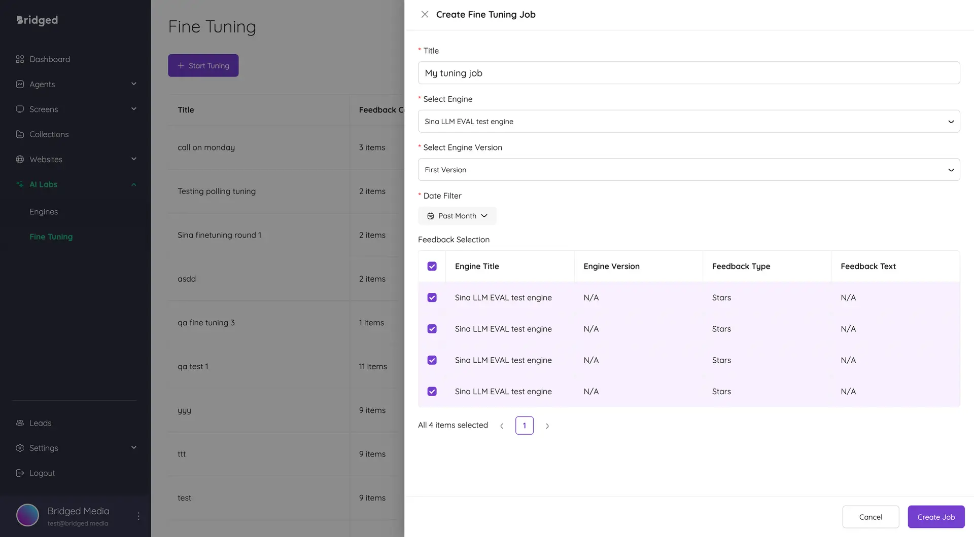 Bridged Media AI Labs Fine Tuning screen with Create Fine Tuning Job modal open