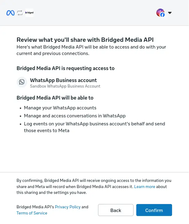 Bridged Setup One-Click Integration WhatsApp permissions review screen