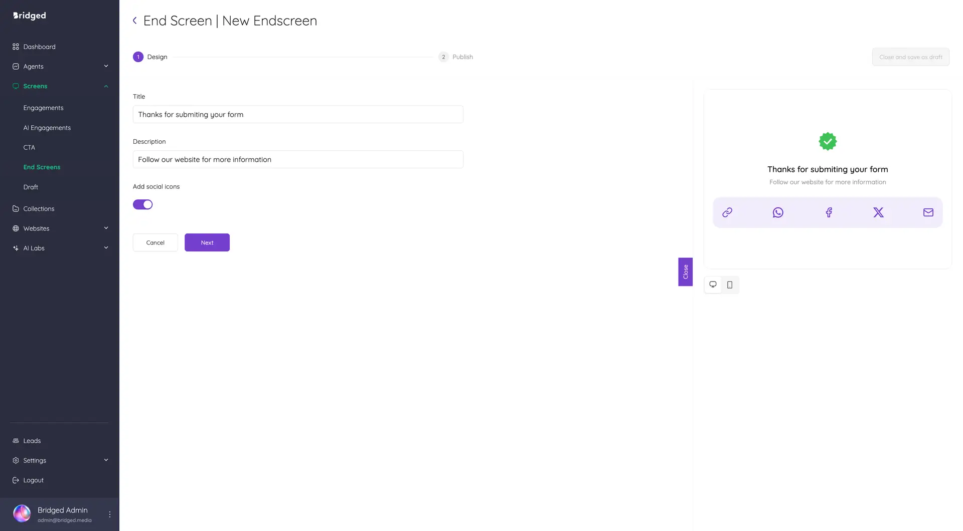 Bridged Media End Screen creation interface with title and description fields, social icons toggle, and preview.