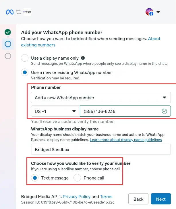 Bridged Setup screen for WhatsApp phone number integration