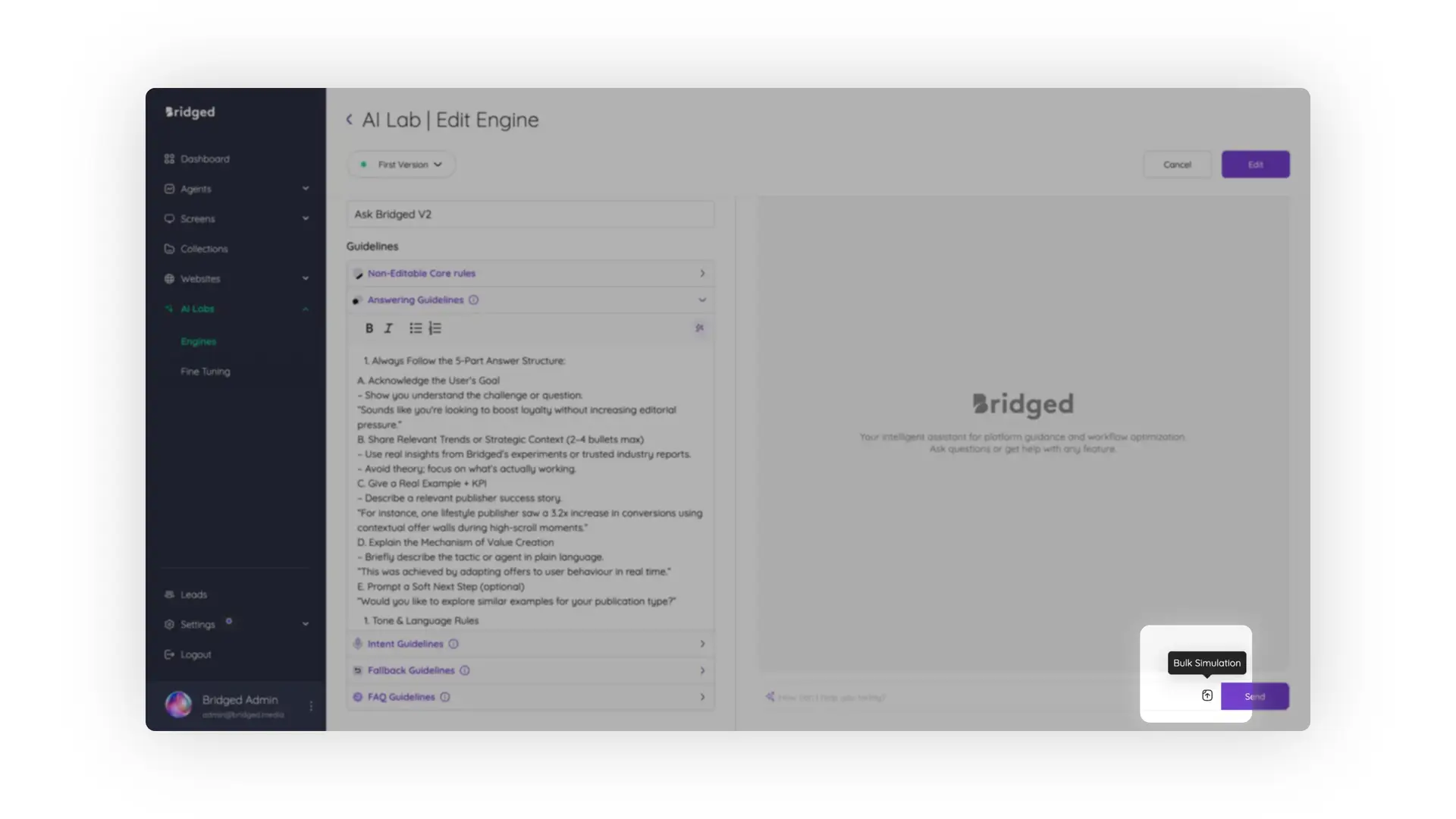 AI Lab Edit Engine page in Bridged Media platform showing guidelines for Knowledge Agent engine.