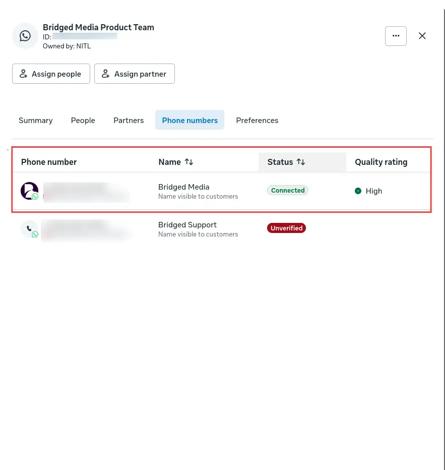 Bridged Media Product Team Phone numbers tab showing connected and unverified phone numbers.