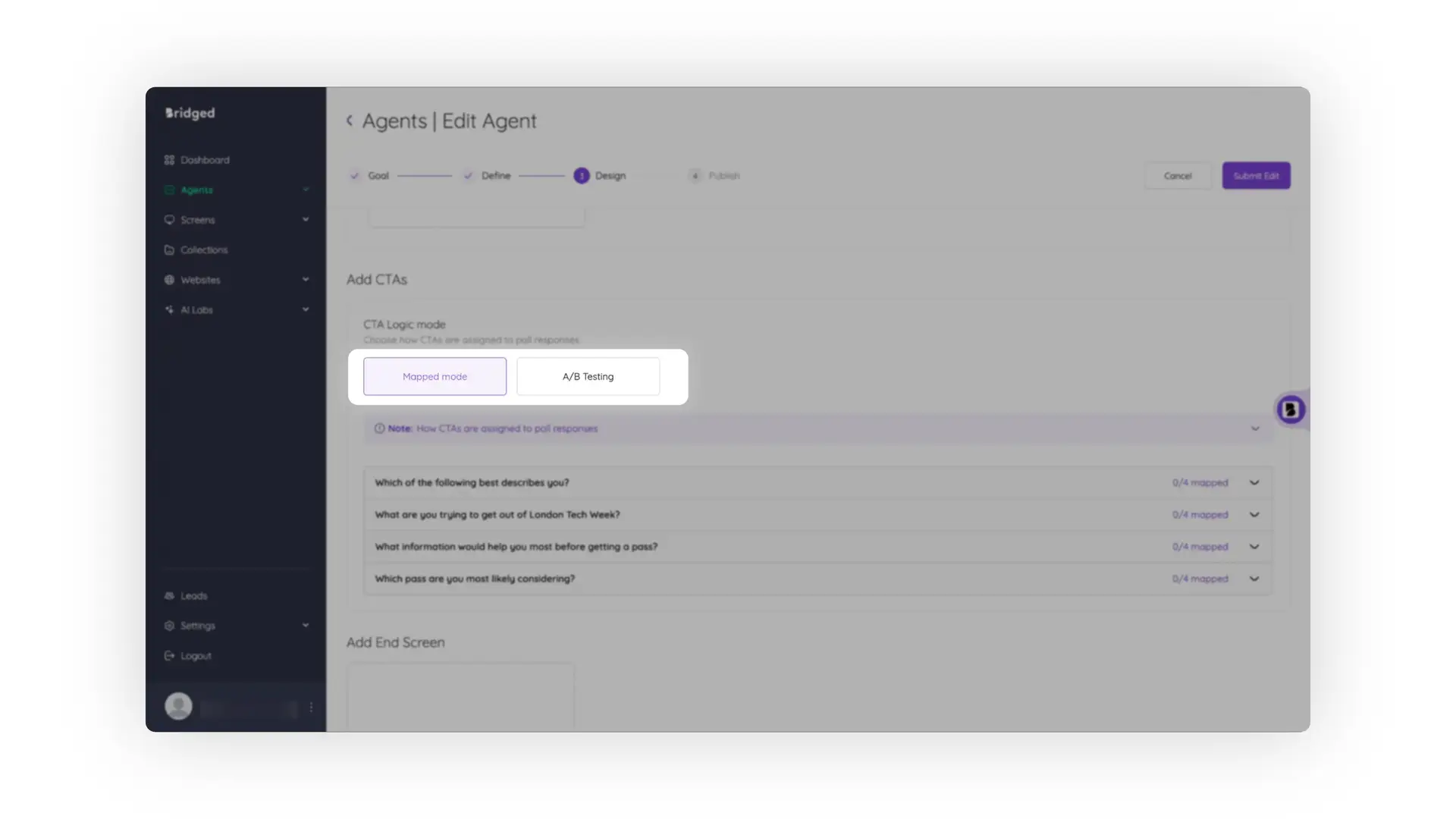 Bridged platform Edit Agent screen in Design phase for creating a polling agent.