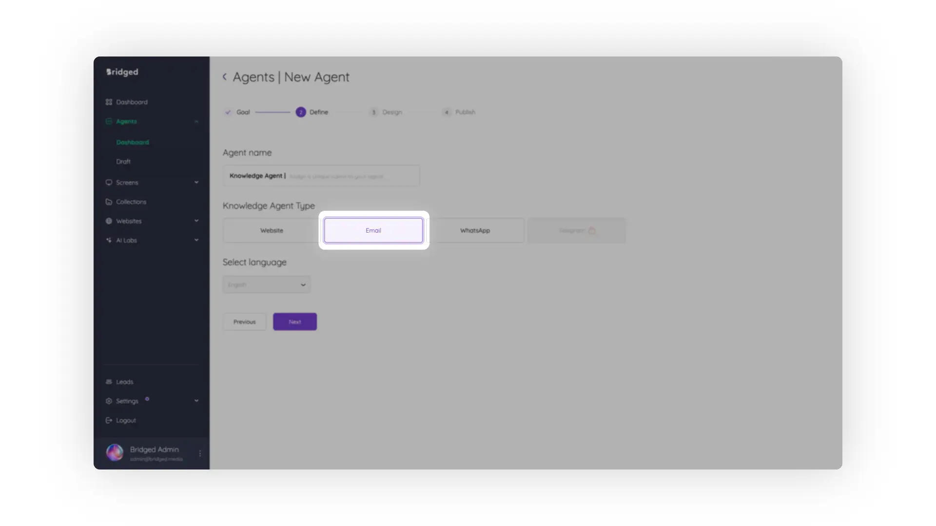 Bridged Media Agents New Agent Define step with Email Knowledge Agent Type selected