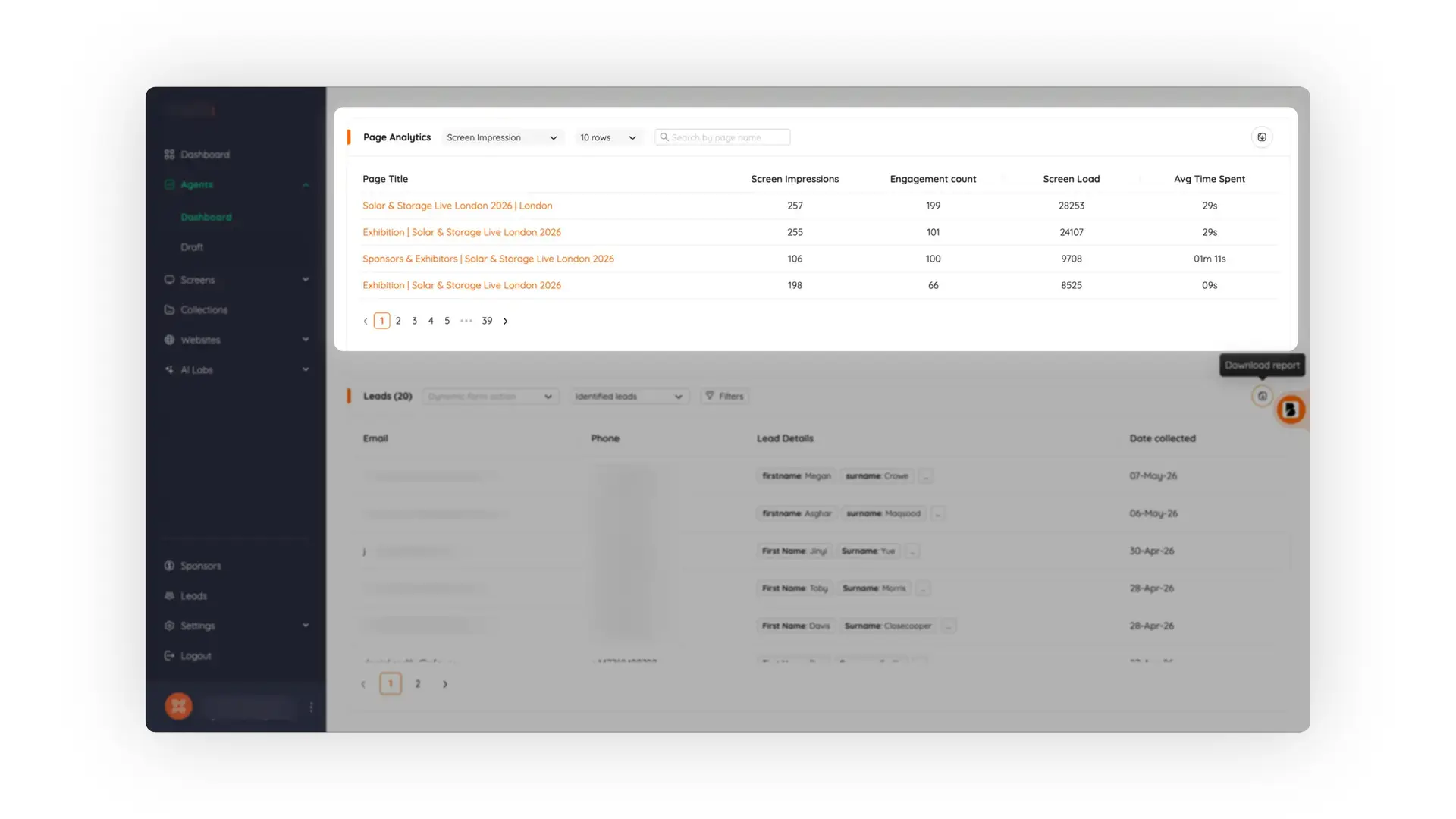Bridged Media Agents Dashboard showing Page Analytics and Leads sections.