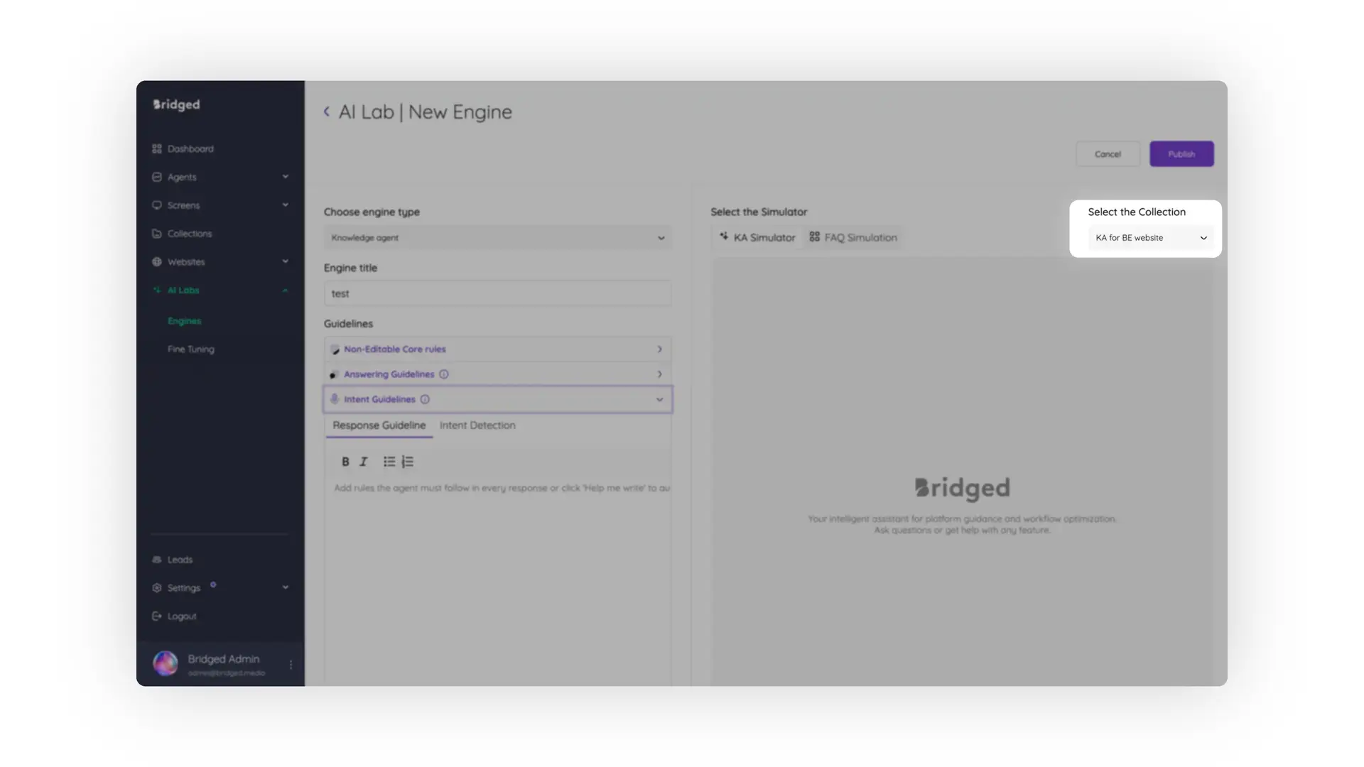 Bridged Media AI Lab New Engine creation screen showing options for engine type, title, guidelines, simulator, and collection.