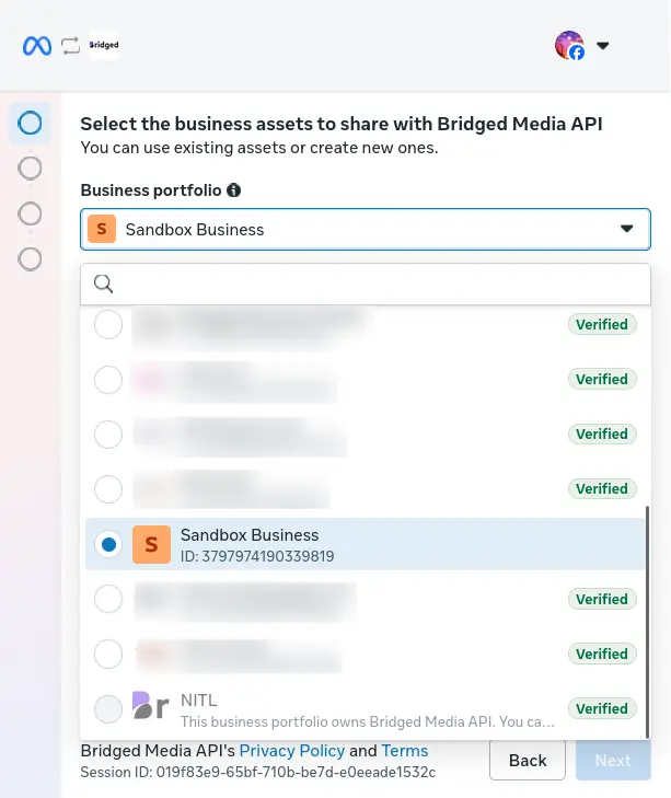 Bridged Setup One-Click Integration screen for selecting business assets to share with Bridged Media API.