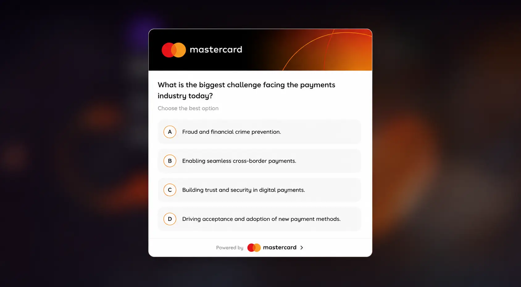 Polling interface asking about the biggest challenge in the payments industry, with options related to fraud prevention, cross-border payments, trust in digital payments, and adoption of new methods.