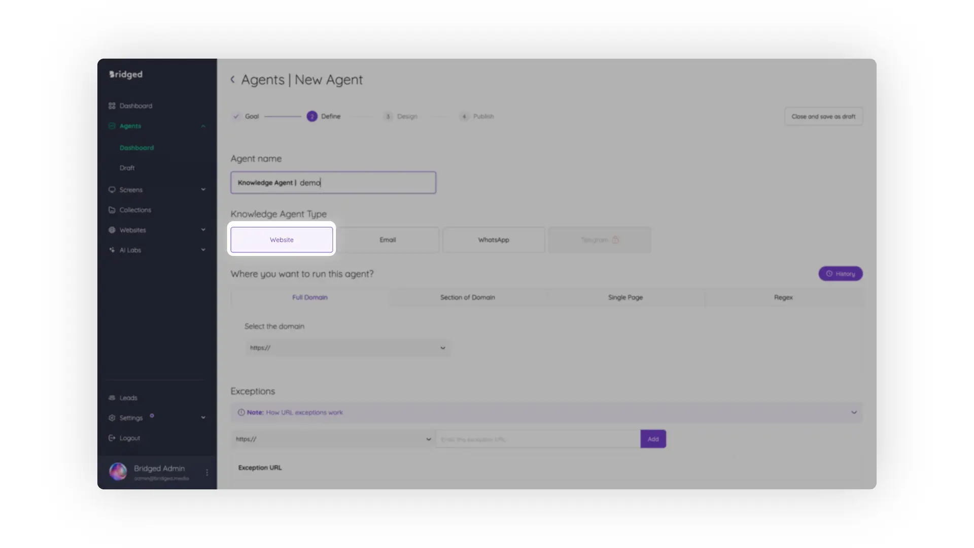 Bridged Media Agents New Agent Define Step