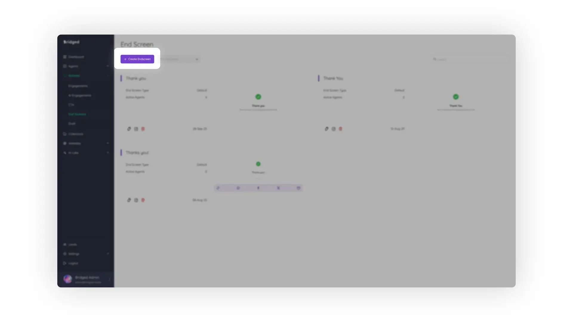 Bridged platform End Screen management interface with a Create Endscreen button.