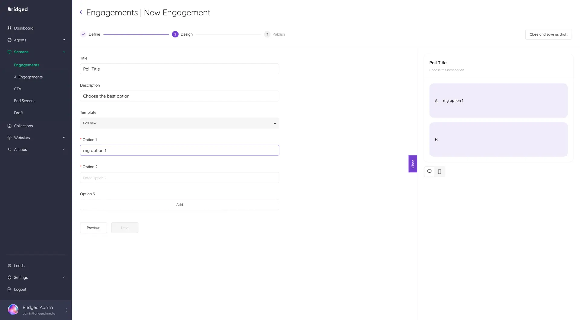 Bridged Media New Engagement Design Screen for Poll Creation