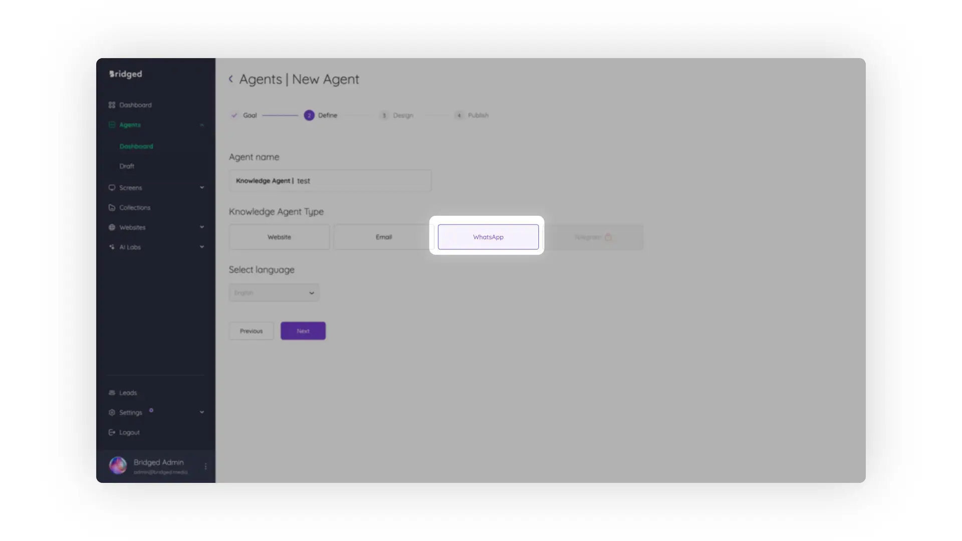 Bridged Media Agents New Agent Define step for creating a WhatsApp knowledge agent