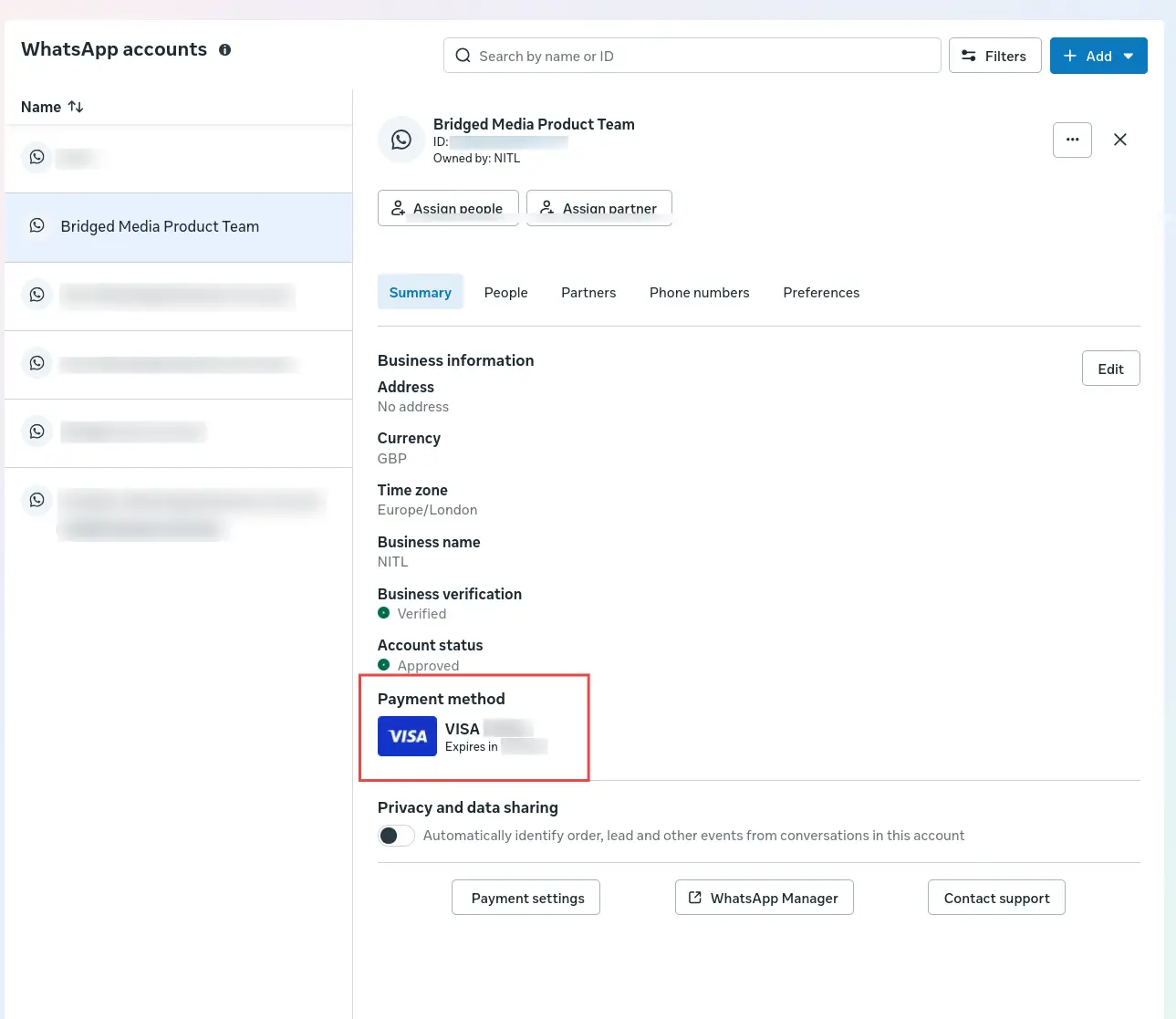 WhatsApp accounts management interface for Bridged Media Product Team