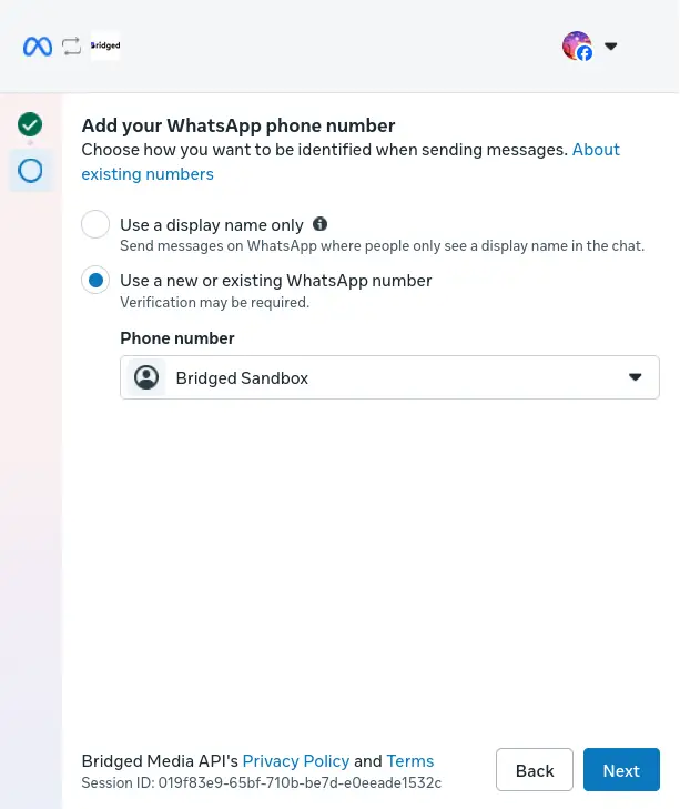 Bridged Setup screen for WhatsApp phone number integration
