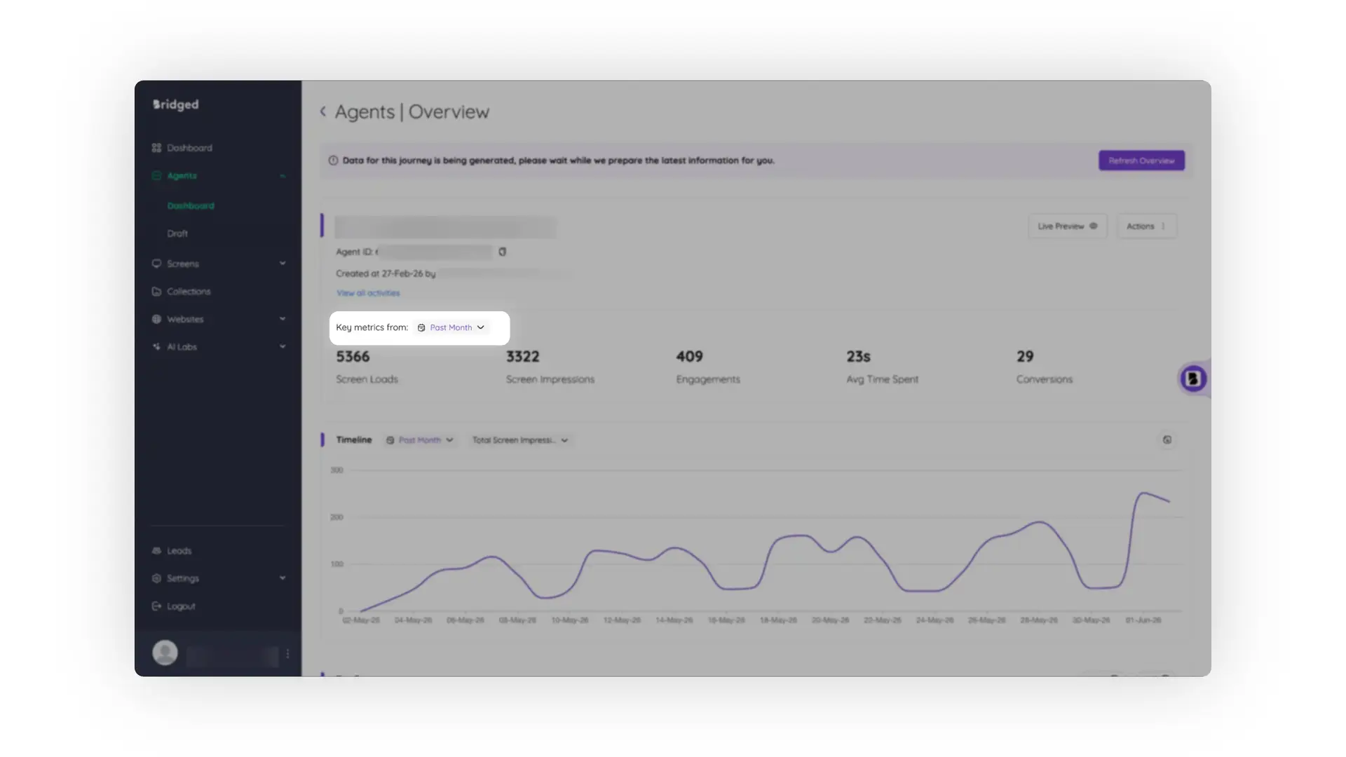 Bridged Agents Overview page showing agent performance metrics and timeline graph.