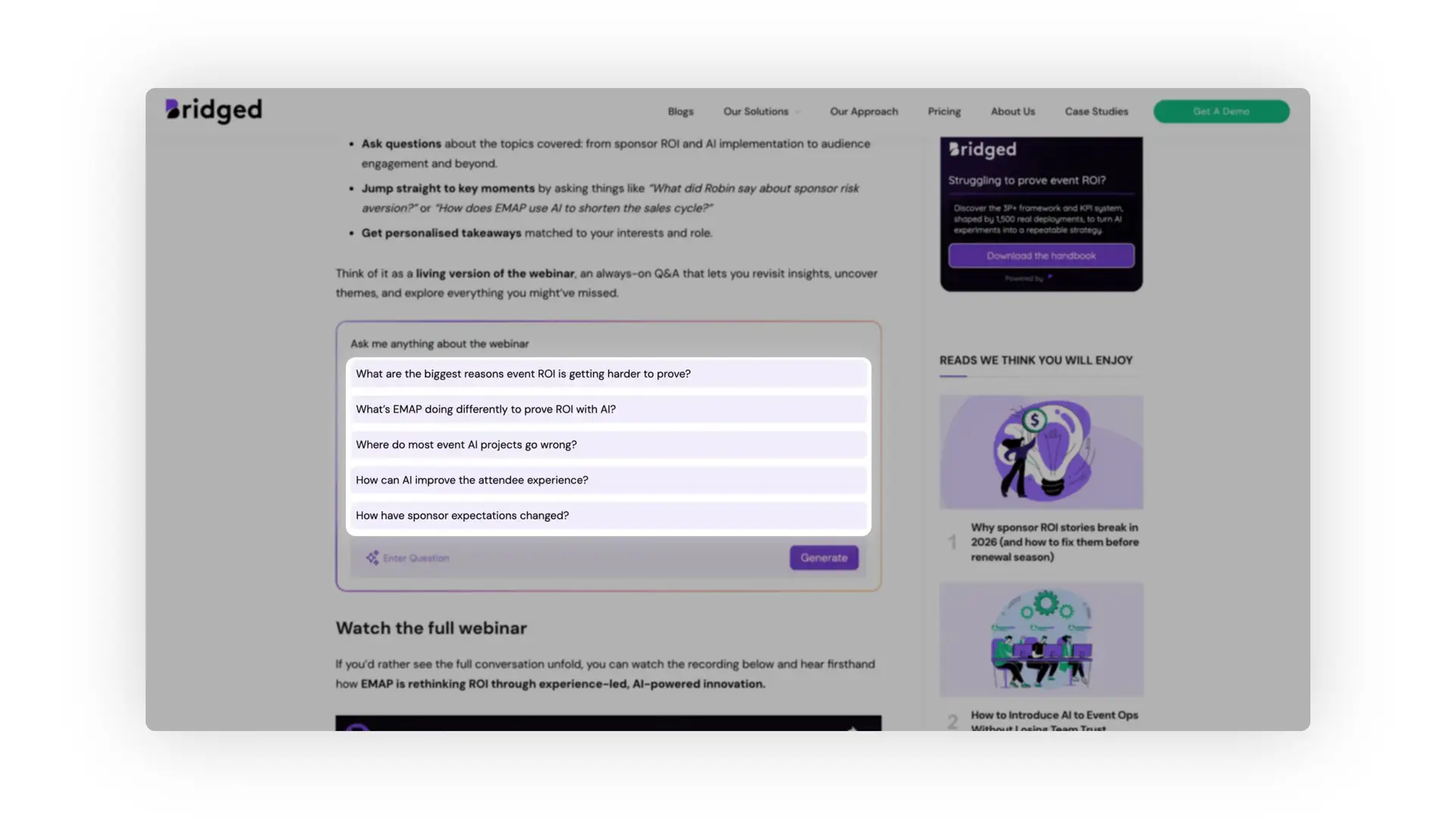 Bridged Media webpage on creating a knowledge agent with webinar Q&A section.