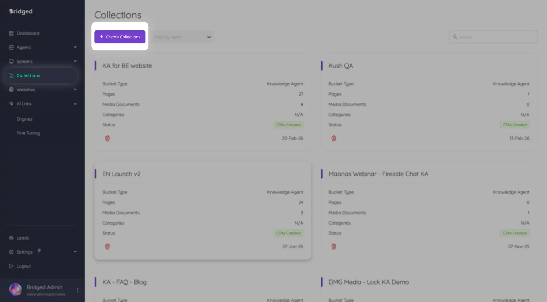 Bridged Media Collections page showing various content collections with options to create, filter, and manage them.