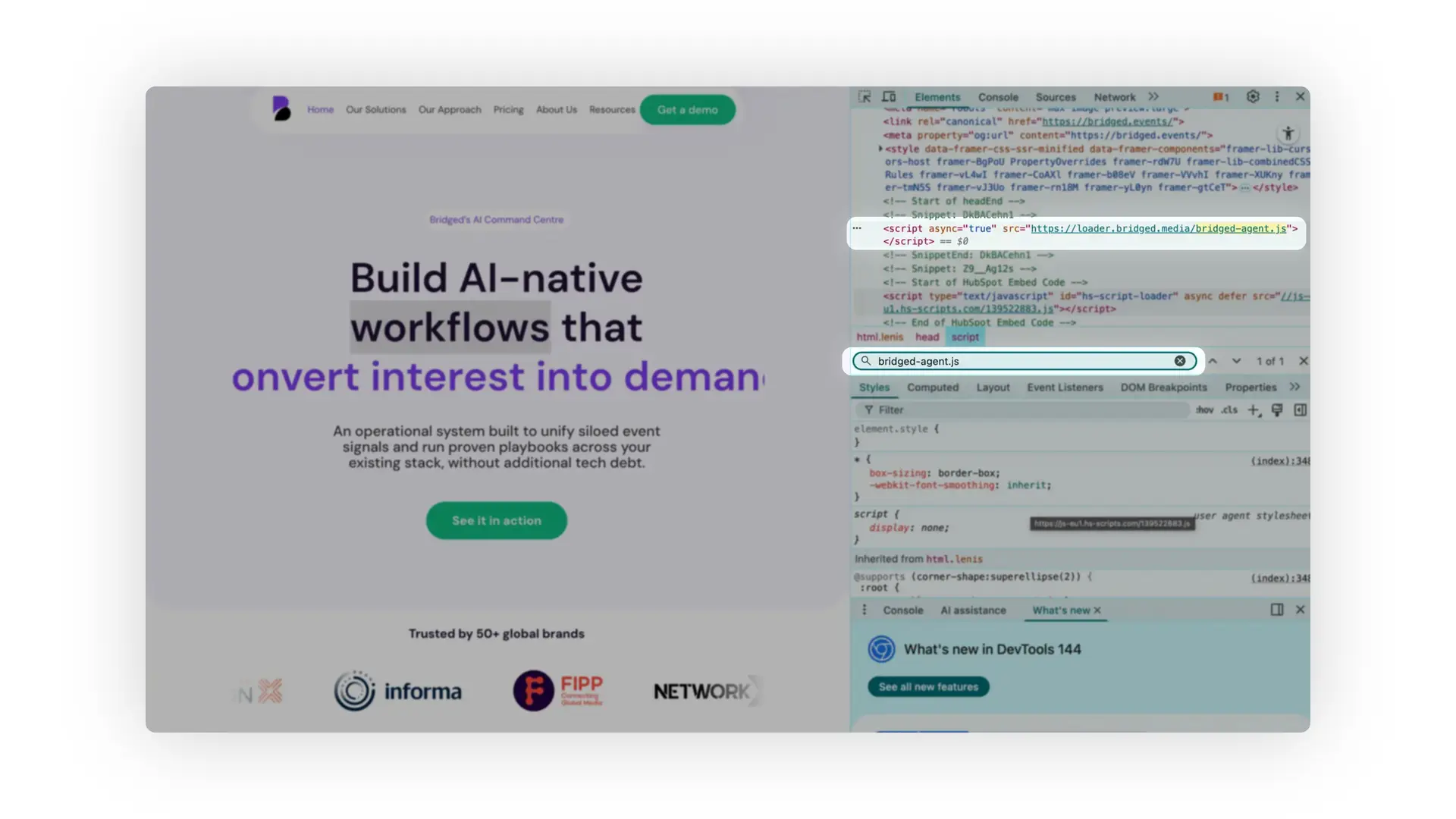 Bridged Media AI-native workflows webpage with developer tools open showing bridged-agent.js script.