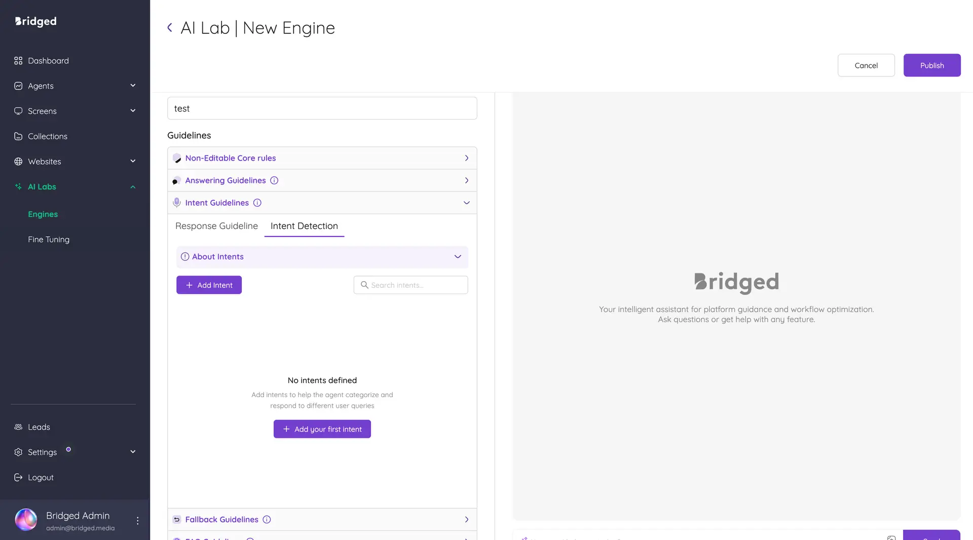 AI Lab New Engine interface in Bridged Media for creating a Knowledge Agent engine.