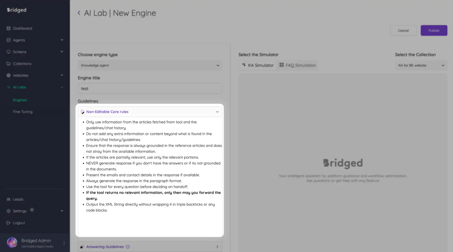 AI Lab New Engine creation page in Bridged Media