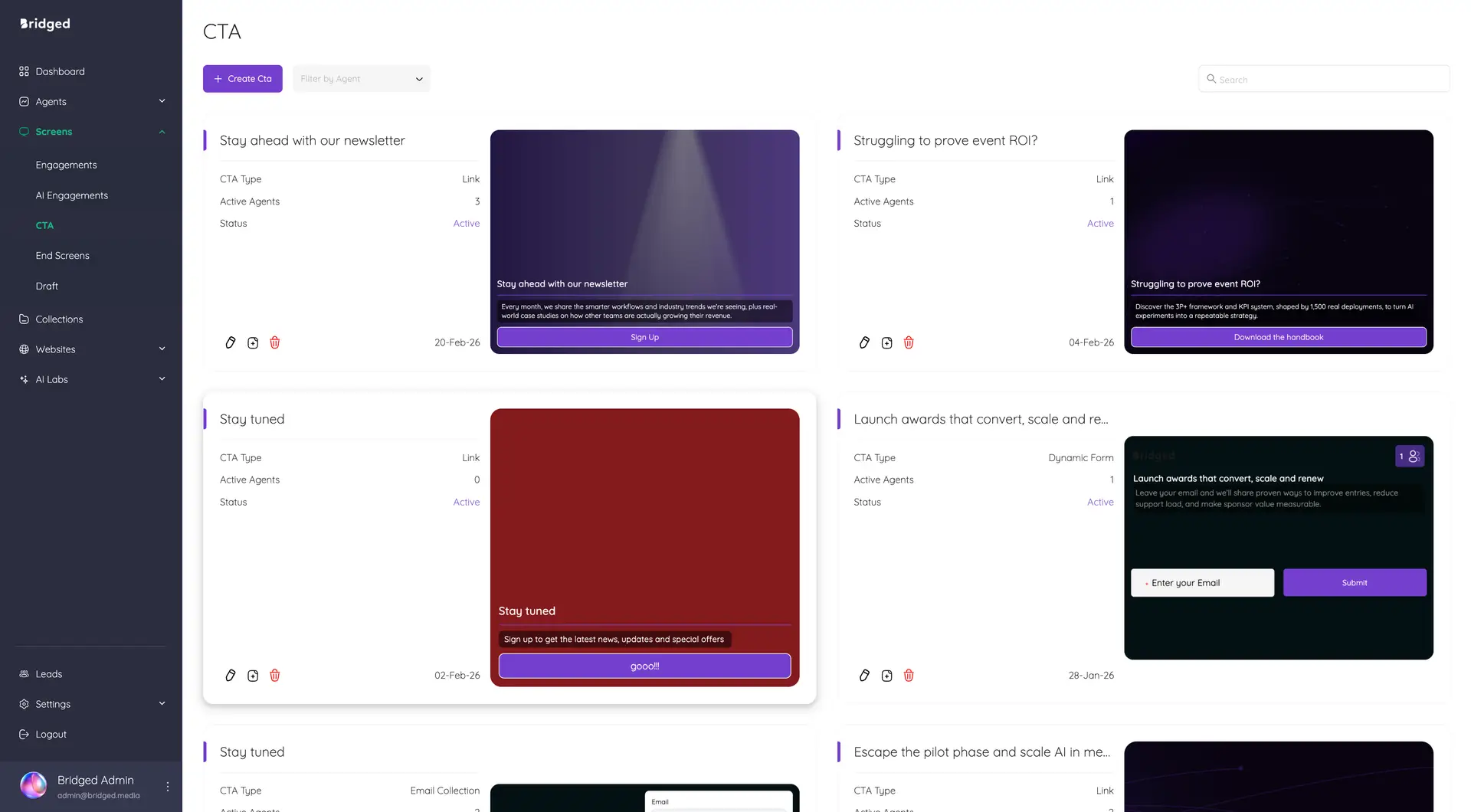 Bridged Media CTA management screen showing various call-to-action cards with options to create, edit, and manage CTAs.