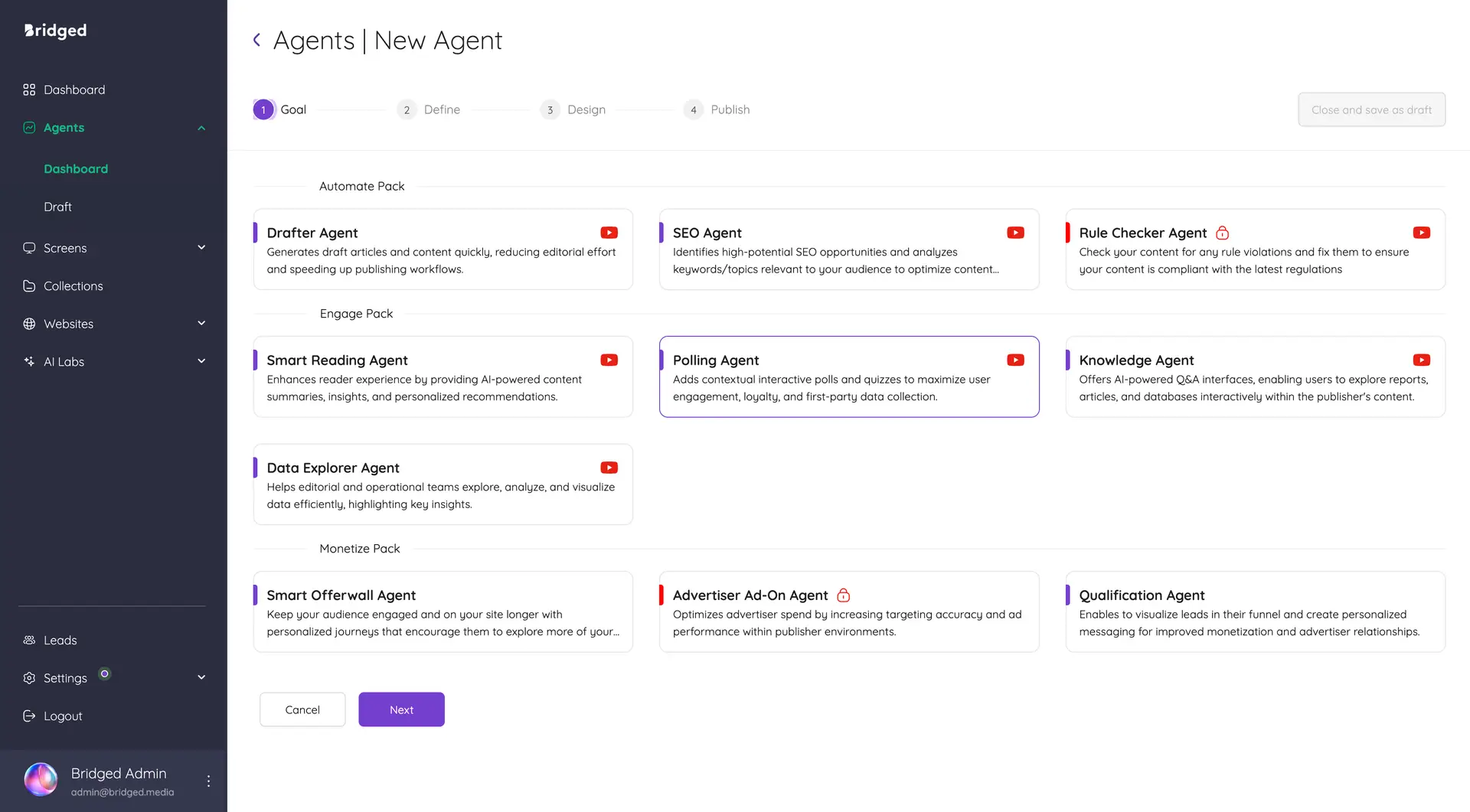 Bridged Media Agents New Agent page showing Polling Agent selection