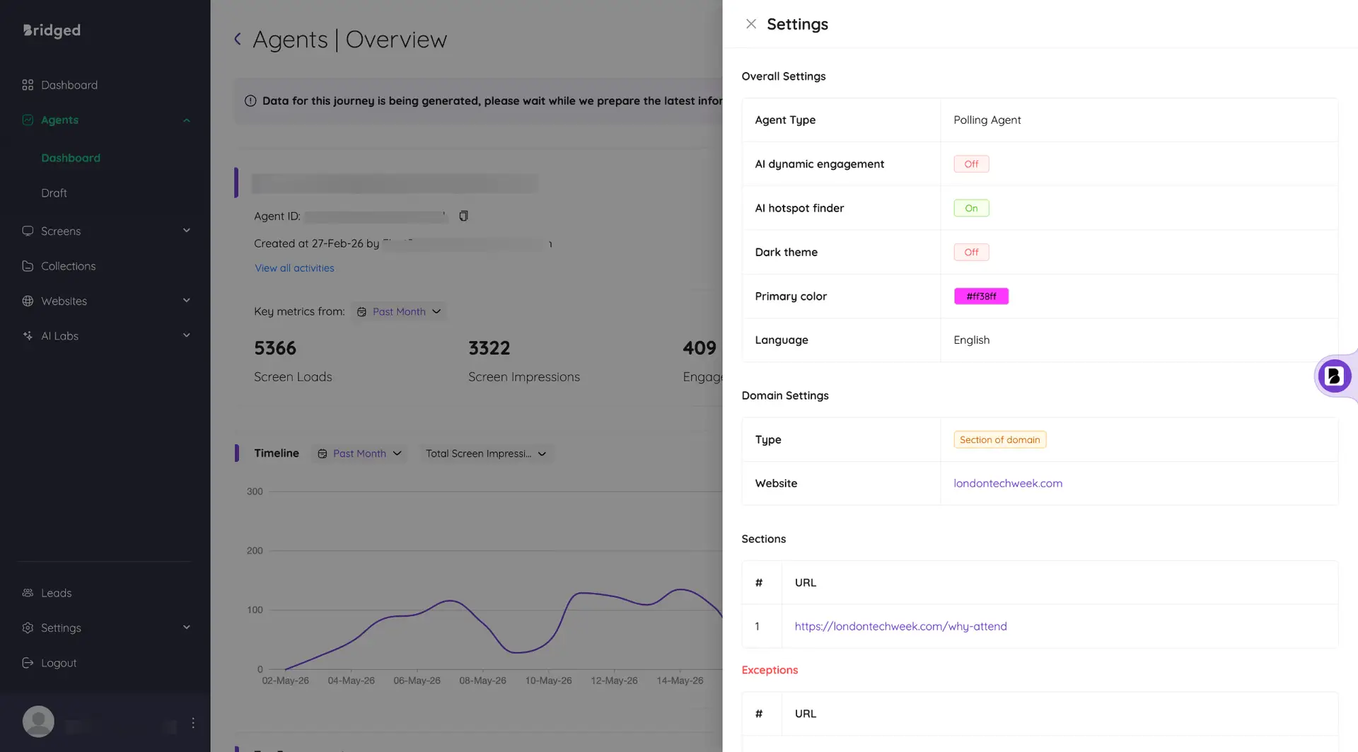 Bridged Agents Overview and Settings page showing agent performance metrics and settings options.