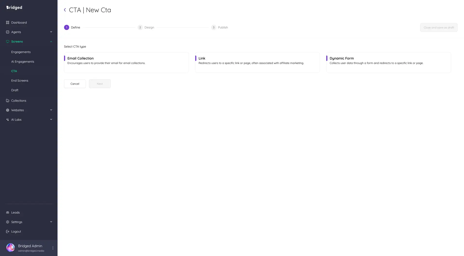 Bridged platform New CTA creation screen in Define stage with options for Email Collection, Link, and Dynamic Form.