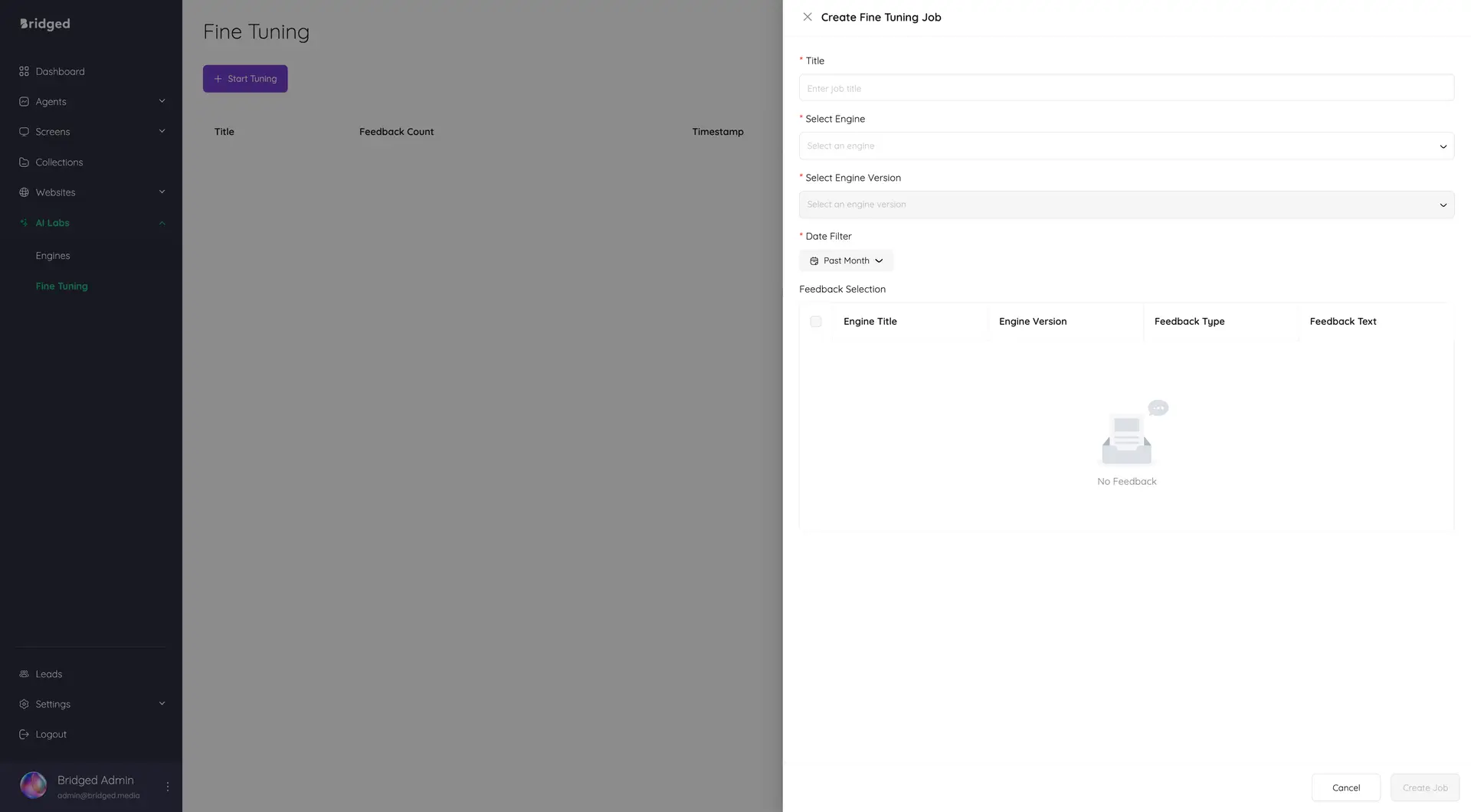 Bridged Media AI Labs Fine Tuning screen with job creation form and feedback selection table.