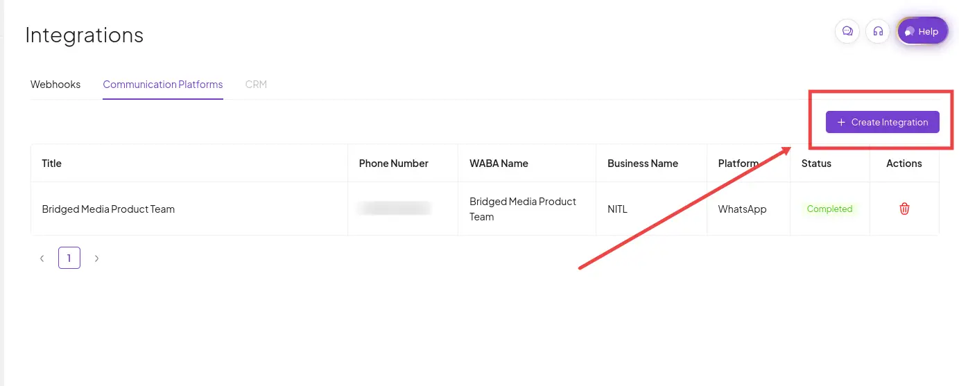 Bridged Integrations page showing WhatsApp integration under Communication Platforms