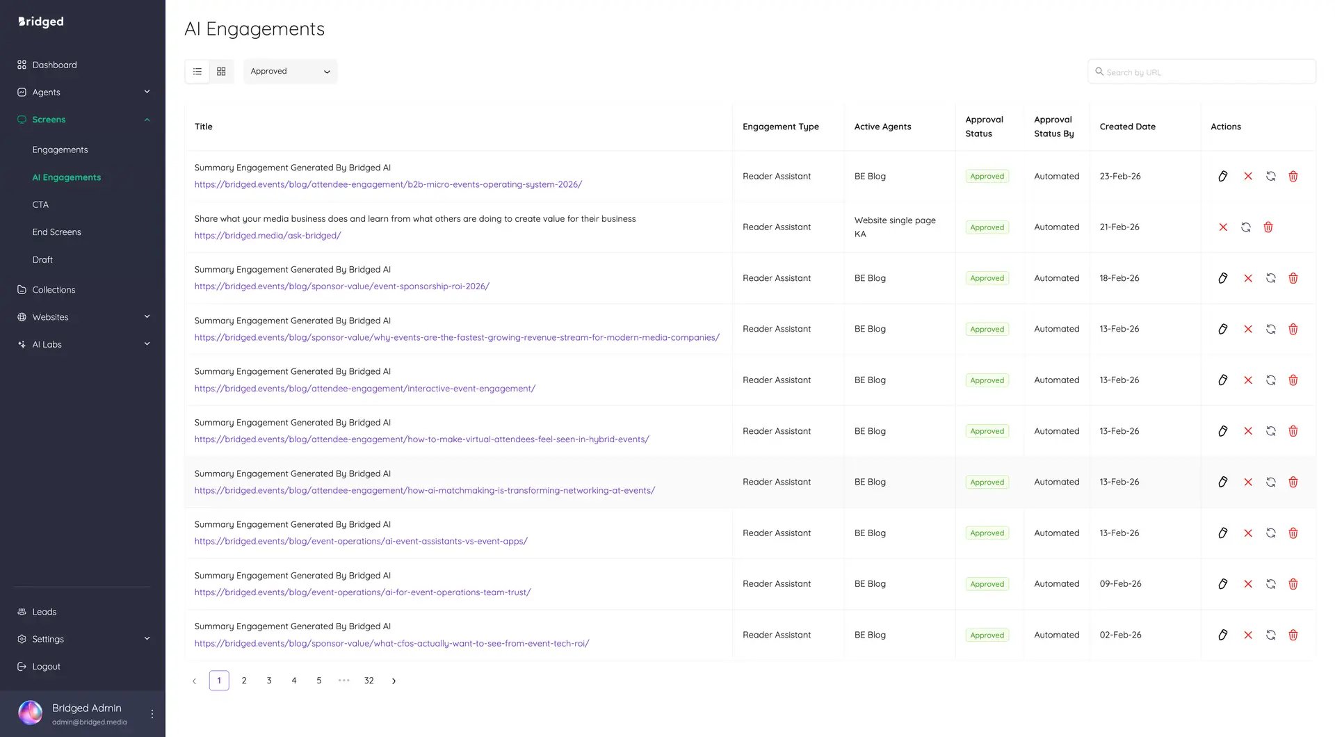 Bridged Media AI Engagements screen showing a list of AI-generated engagements with details and actions.