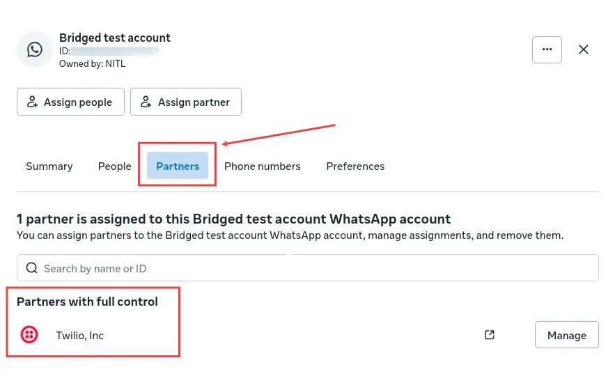 Bridged test account WhatsApp integration partners tab showing Twilio, Inc as a partner with full control.