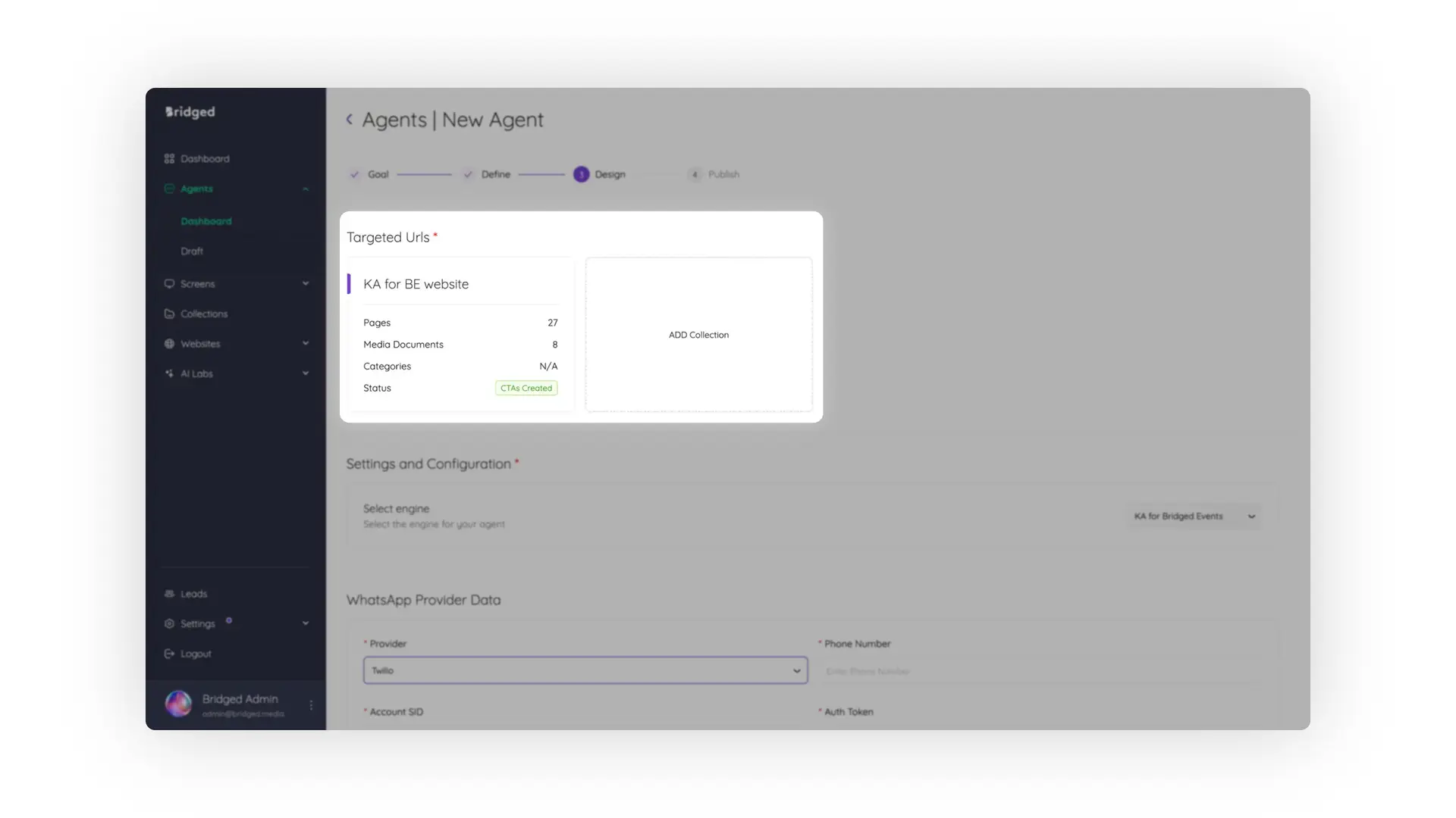 Bridged Media Agents New Agent Design page for creating a knowledge agent.