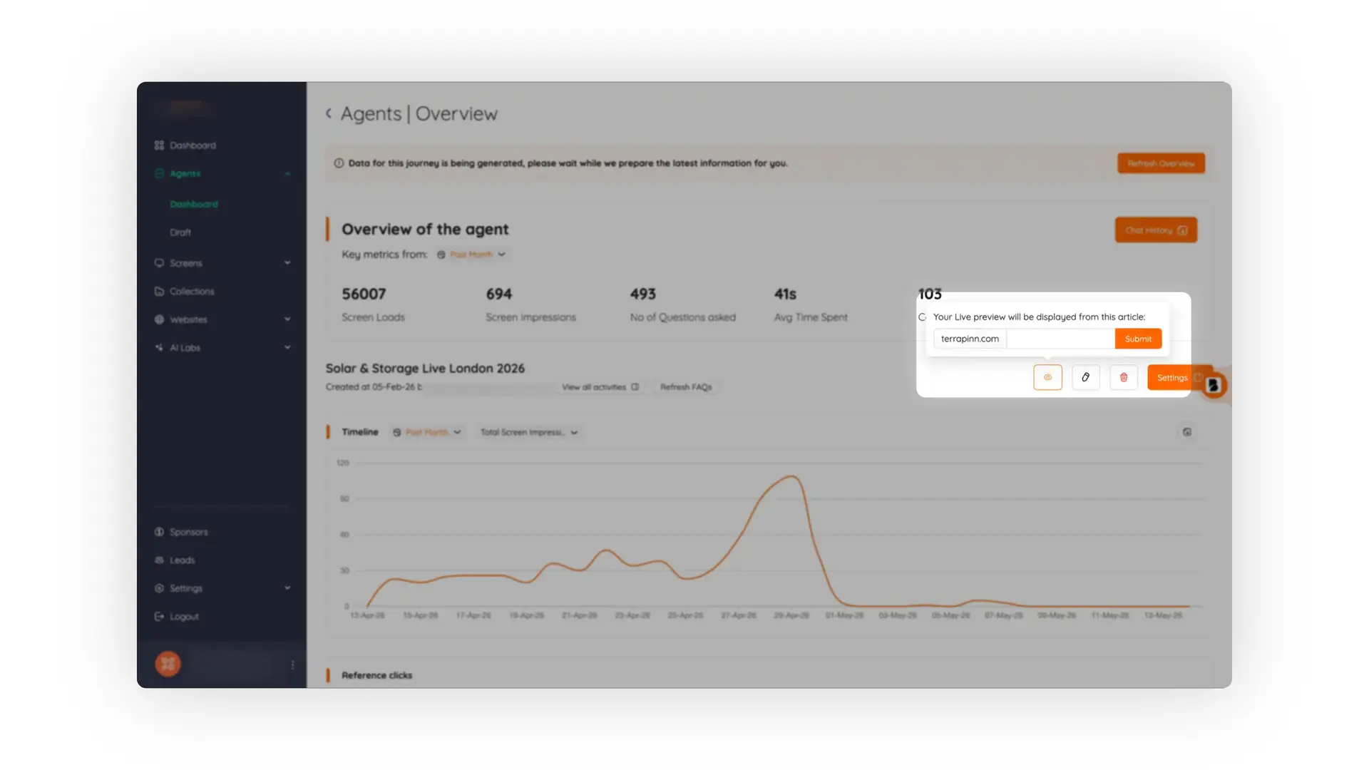 Bridged Media Agents Overview page showing agent performance metrics and timeline graph.