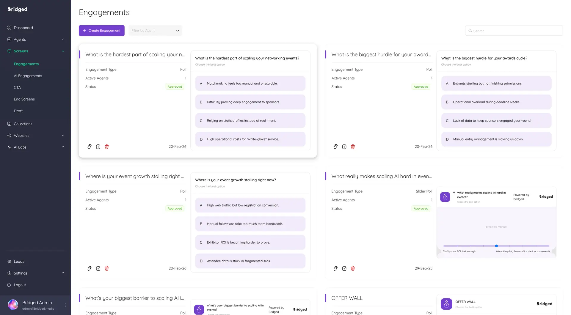 Bridged Media Engagements screen showing a list of engagement polls with options to create, filter, and manage engagements.
