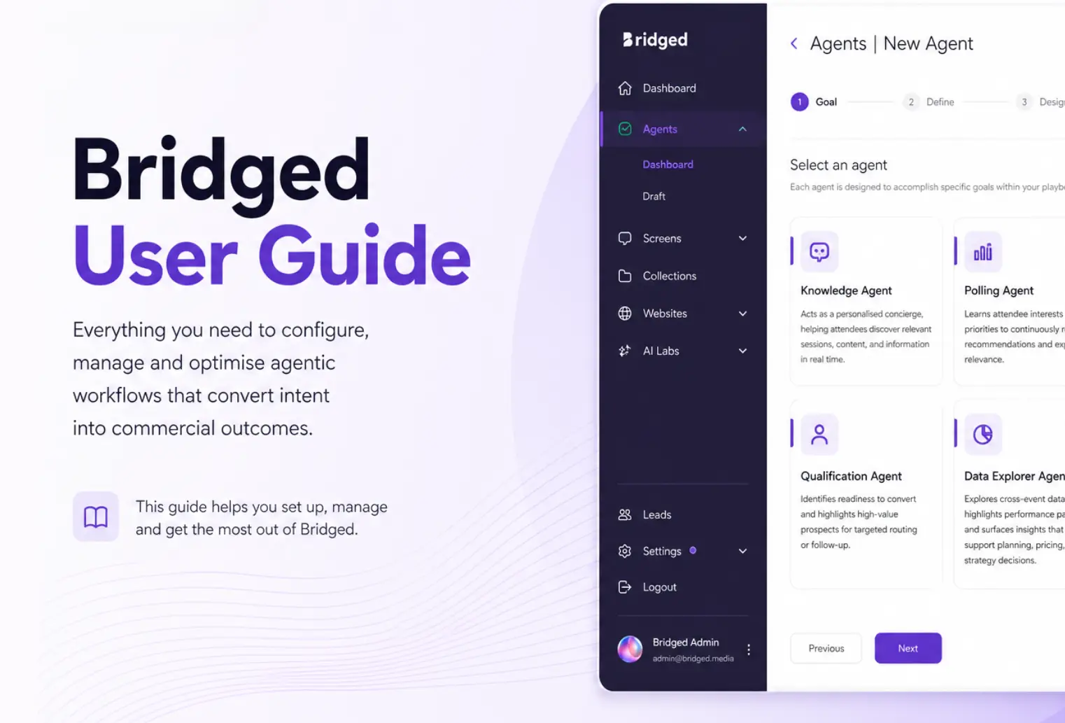 Bridged User Guide interface with navigation menu and agent selection screen.