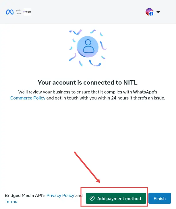 Bridged Setup screen showing account connection to NITL with options to add payment method or finish.