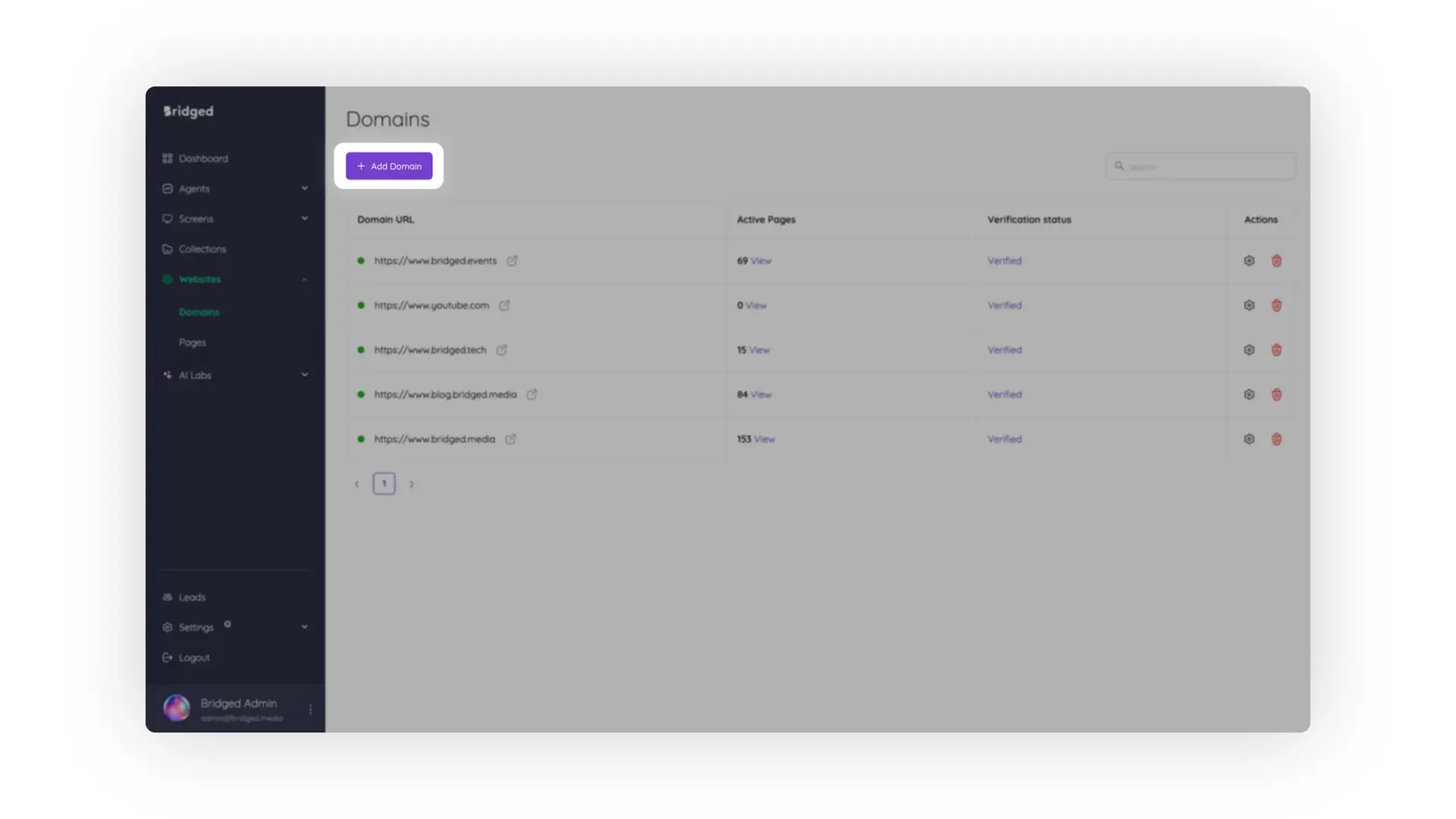 Bridged Media Domains management screen showing a list of domains with options to add, view, and manage them.