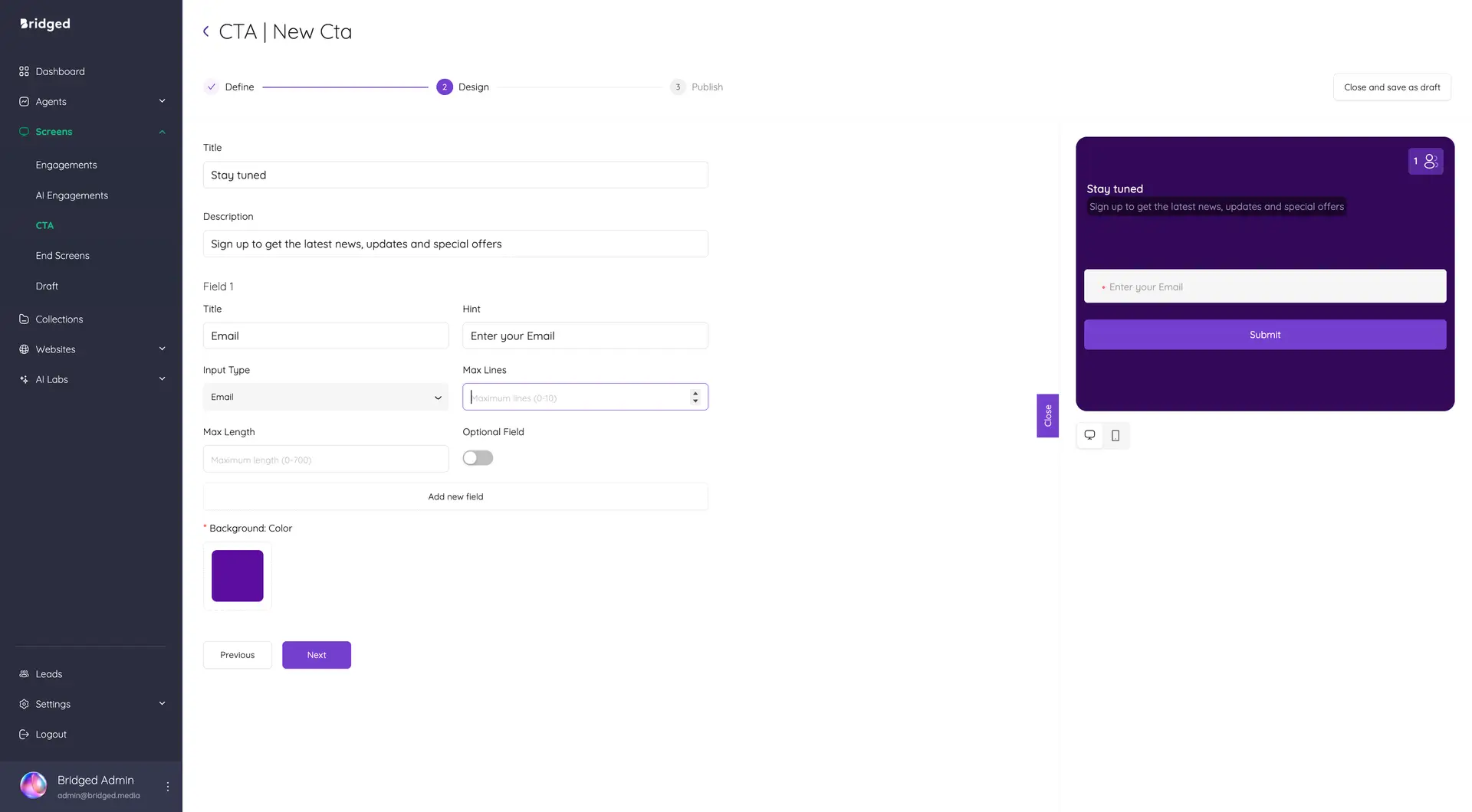 Bridged Media New CTA creation screen in the Screens section.