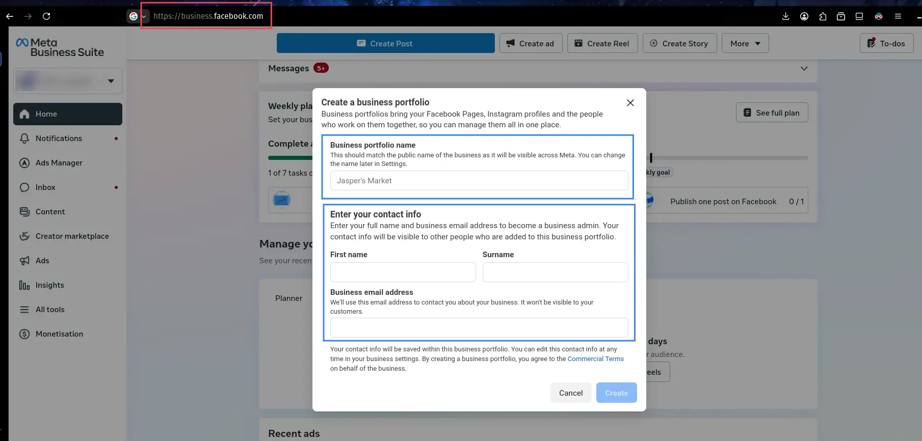 Meta Business Suite - Create a business portfolio screen