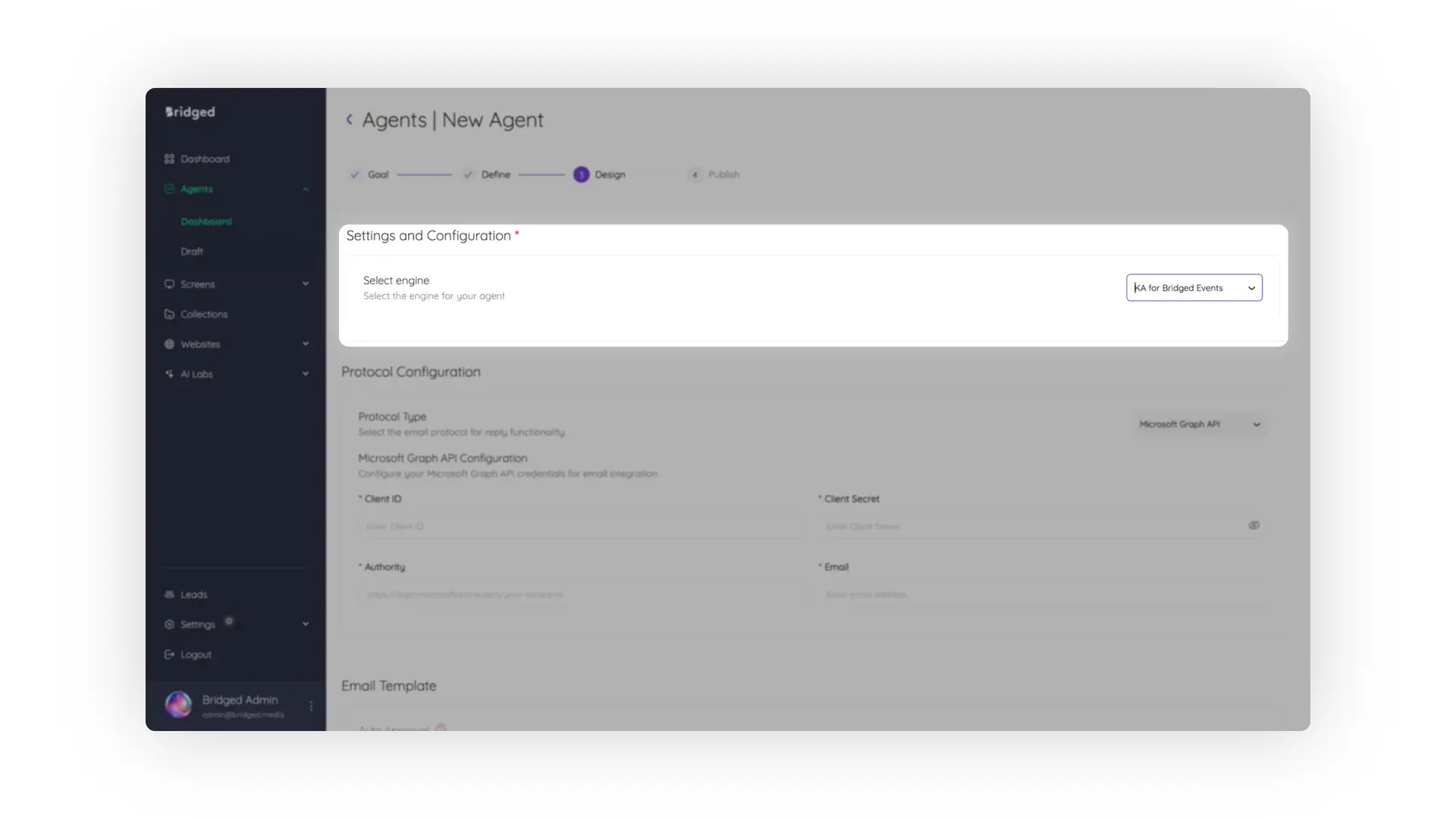 Bridged Media Agents New Agent Design screen for creating a knowledge agent with settings and protocol configuration options.