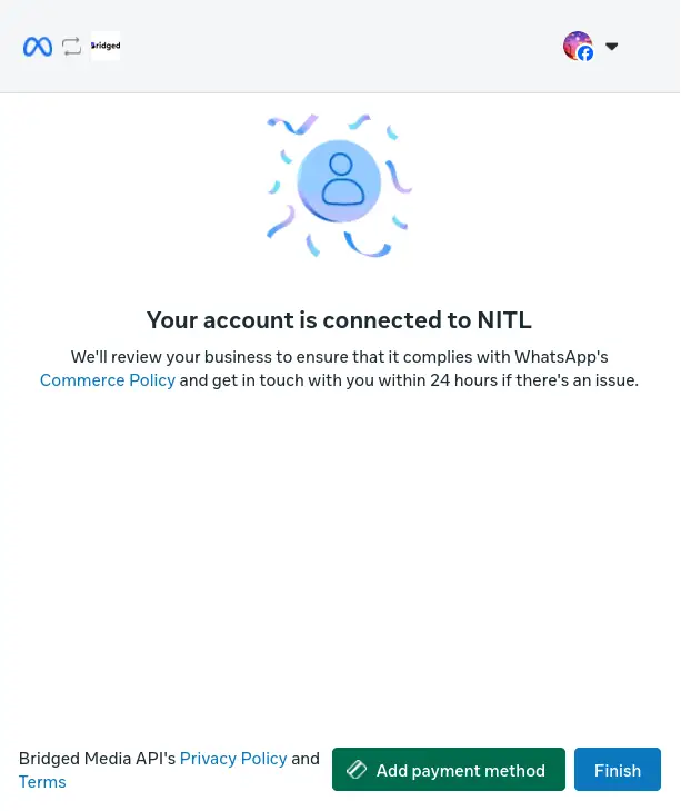 Bridged Setup screen showing account connection to NITL with options to add payment method and finish setup.