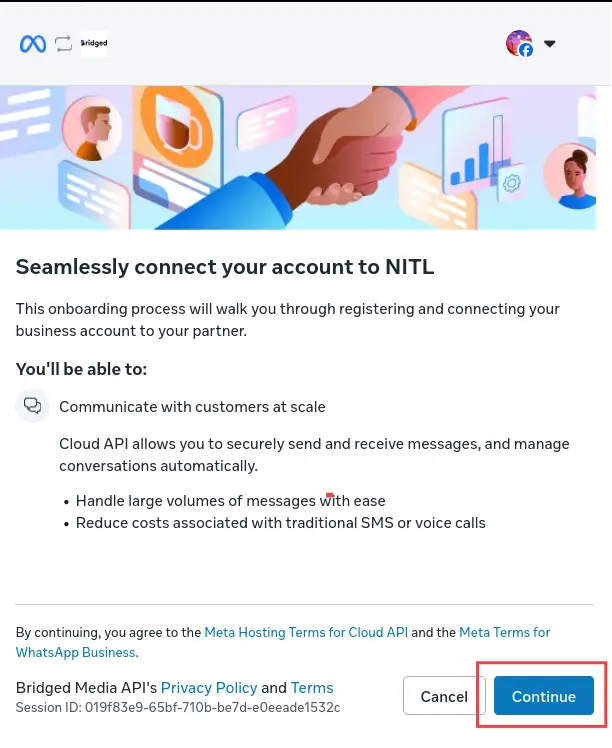 Bridged Setup - Seamlessly connect your account to NITL onboarding screen with Continue button.