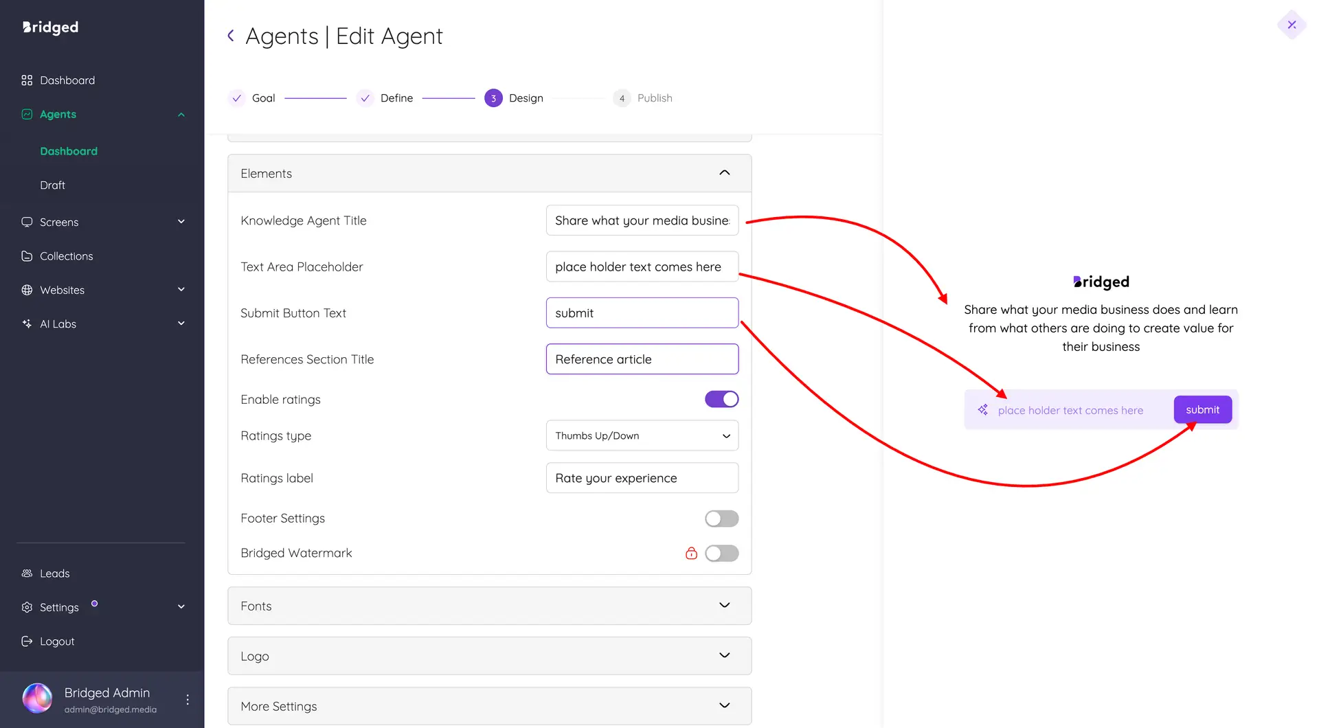 Bridged Media Agents Edit Agent page in Design phase showing customization options for a Knowledge Agent.