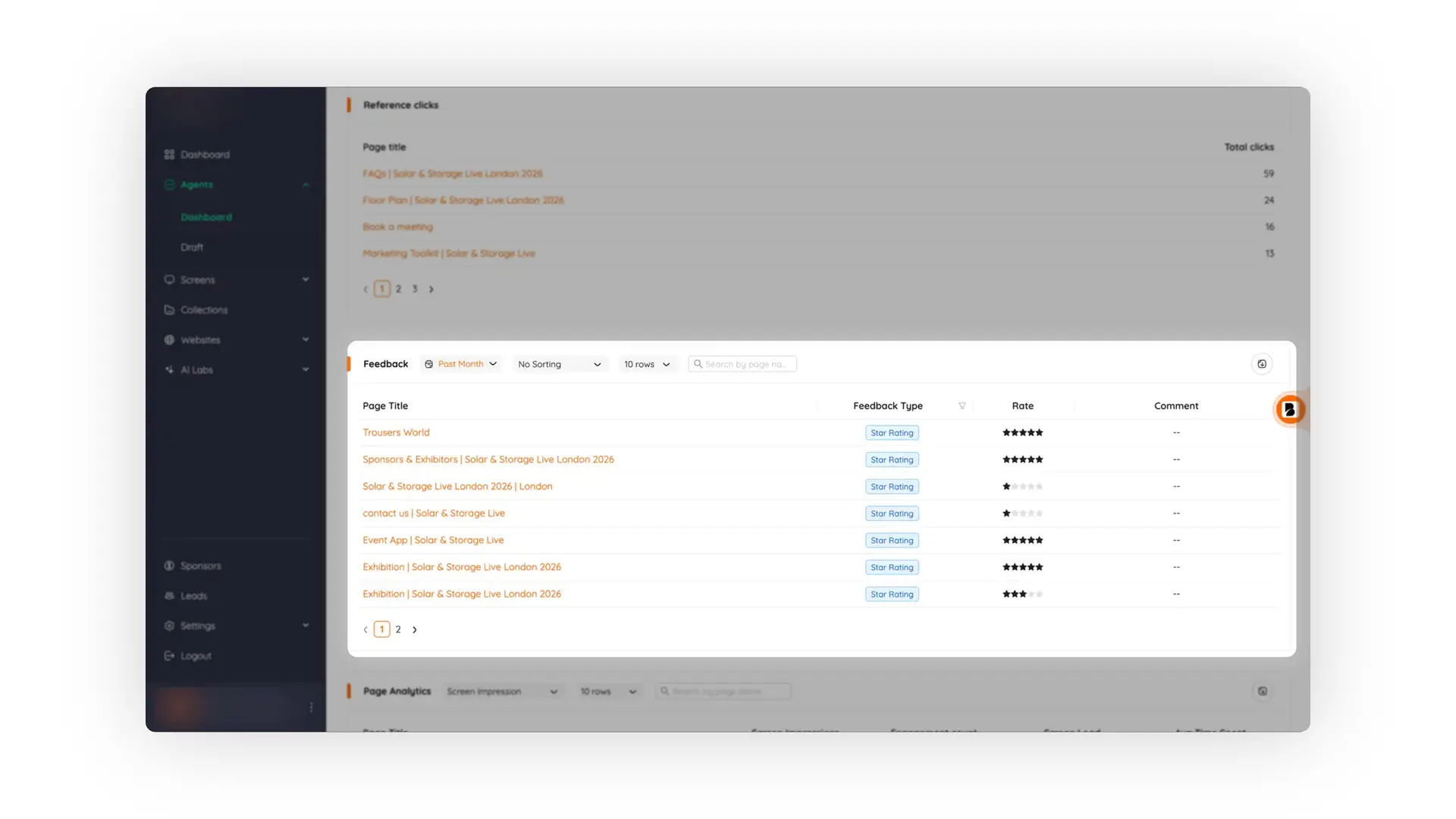Bridged Media dashboard showing Agents performance overview with reference clicks, feedback, and page analytics sections.