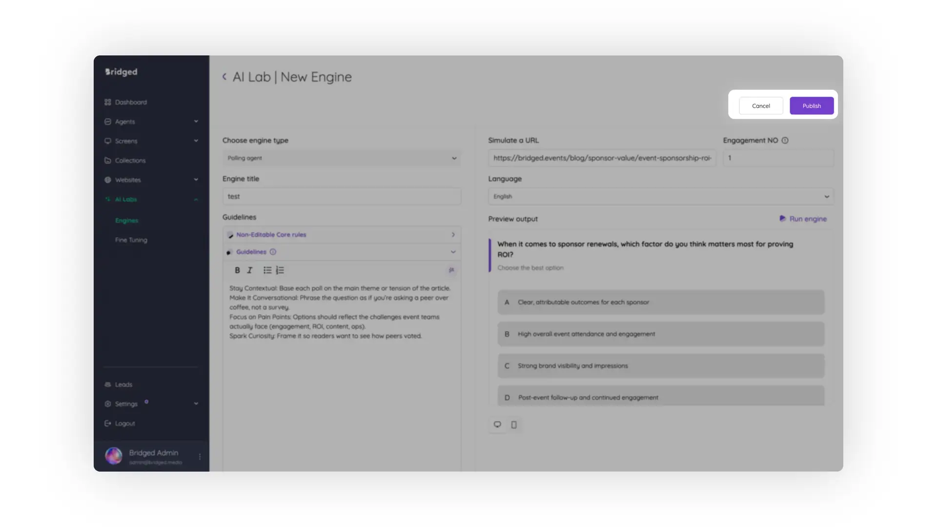 Bridged Media AI Lab New Engine interface for creating a polling engine.