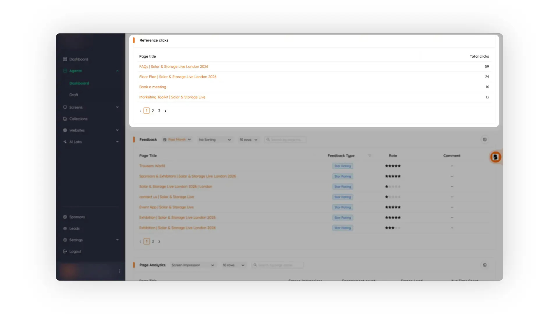 Bridged Media dashboard showing Agents performance with sections for Reference clicks, Feedback, and Page Analytics.