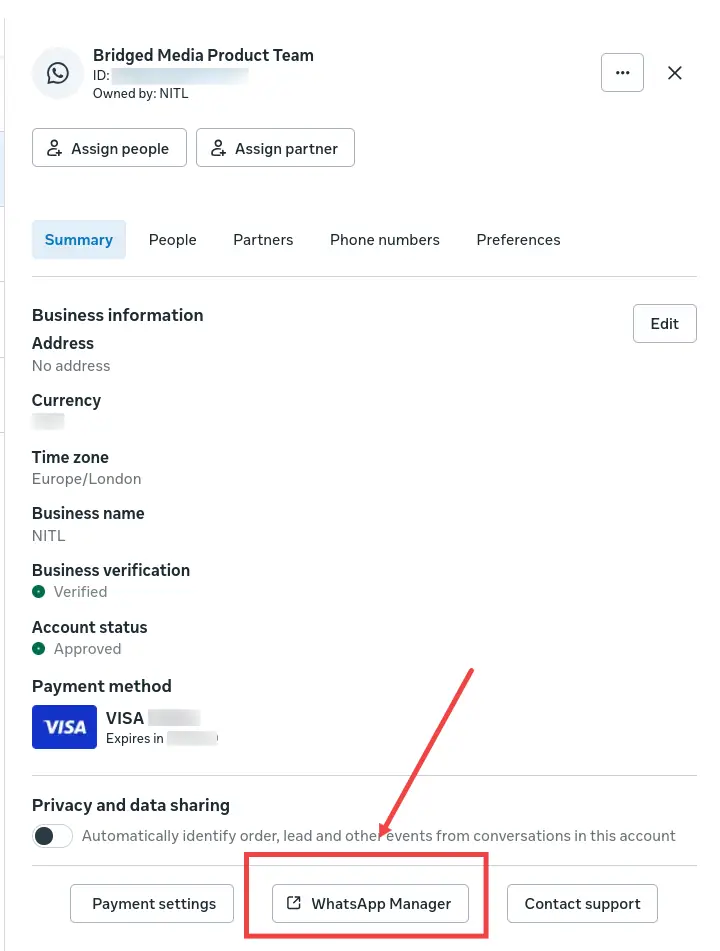 Bridged Media Product Team account management interface with WhatsApp Manager button highlighted.