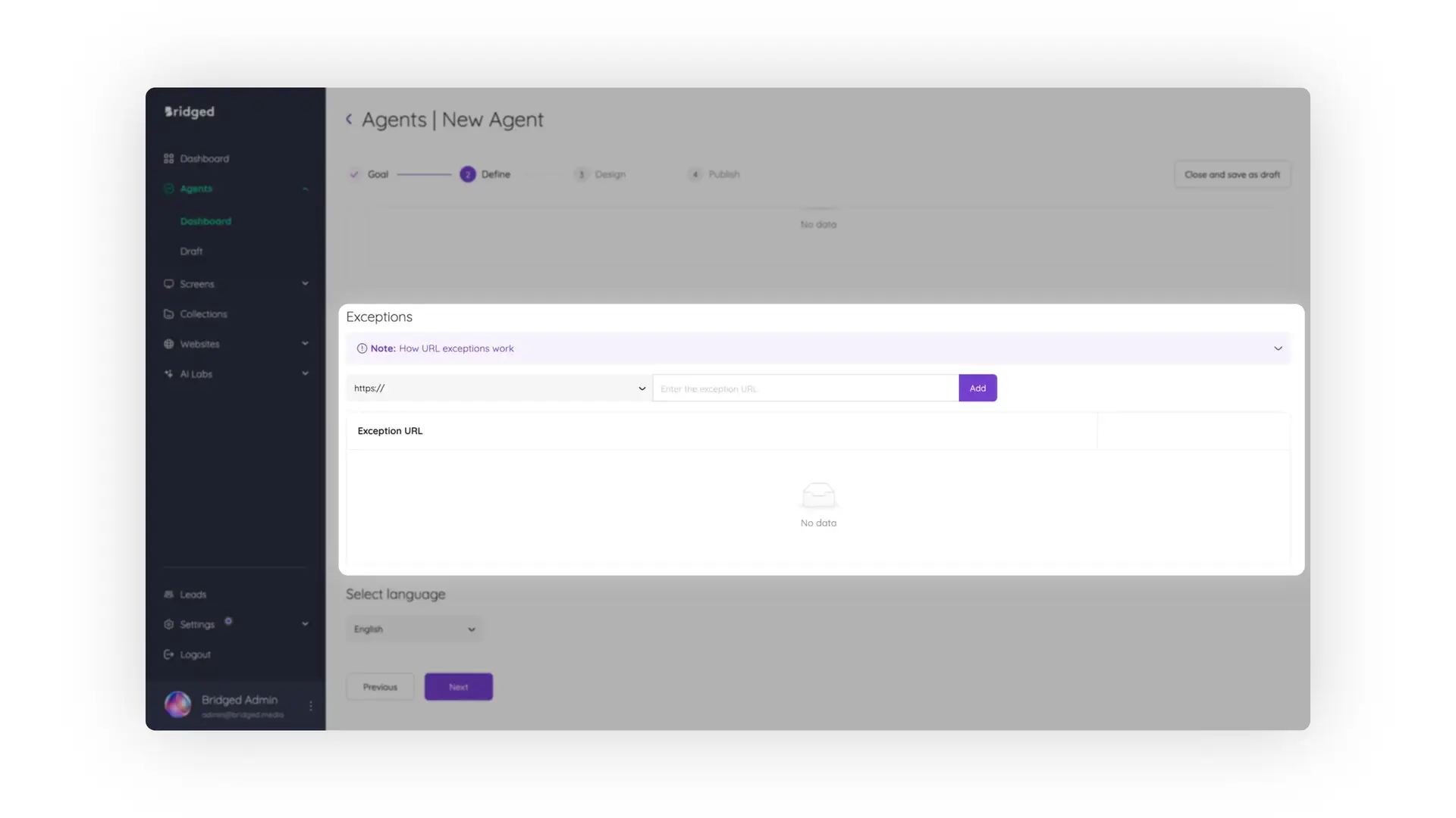 Bridged Media Agents New Agent Define step with URL exceptions and language selection